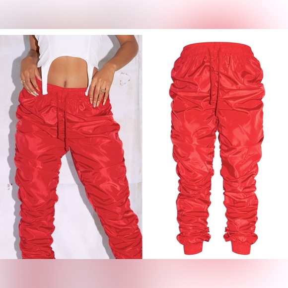 Red Shell Ruched Drawstring Joggers - Size 8 - Picture 8 of 12
